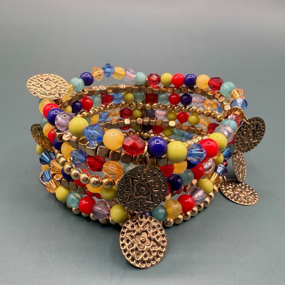 Multicolor Beaded Coil Bracelet Gold Tone Coin Charms Boho Festival Statement